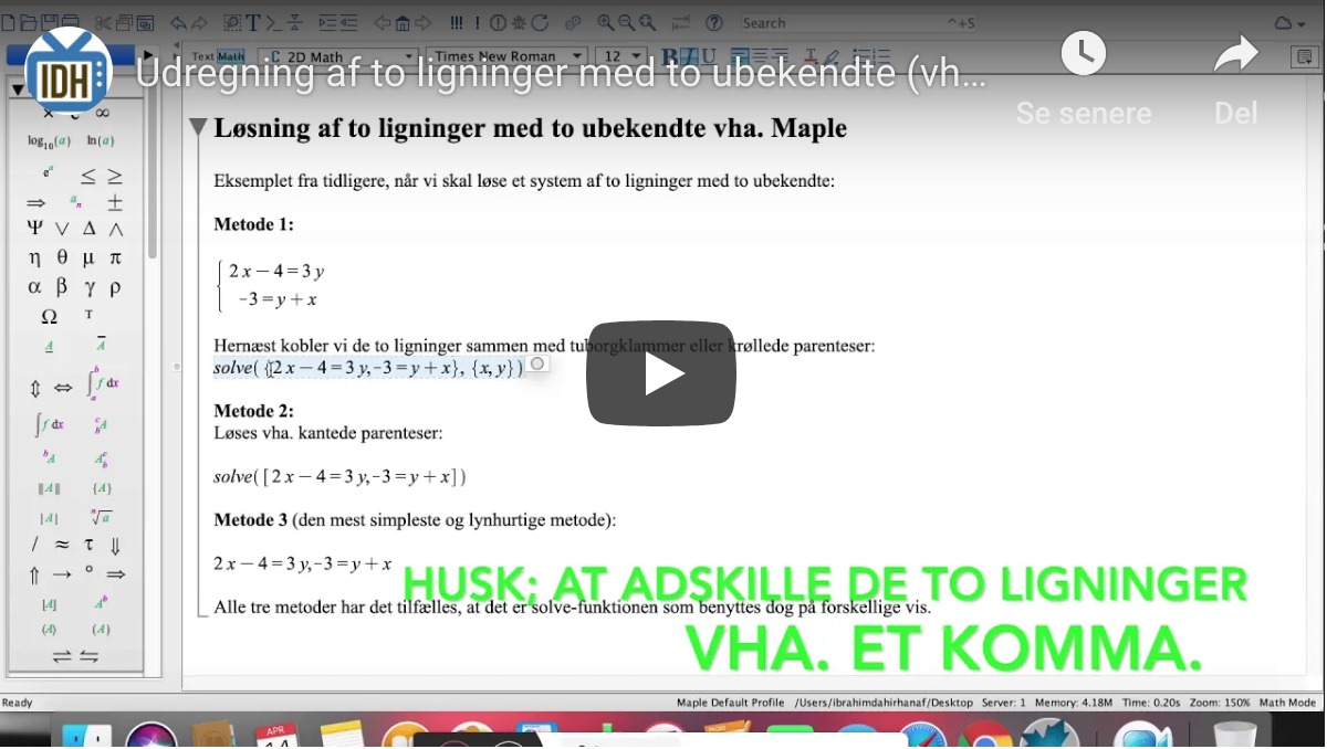 Read more about the article Udregning af to ligninger med to ubekendte (vha. Maple)